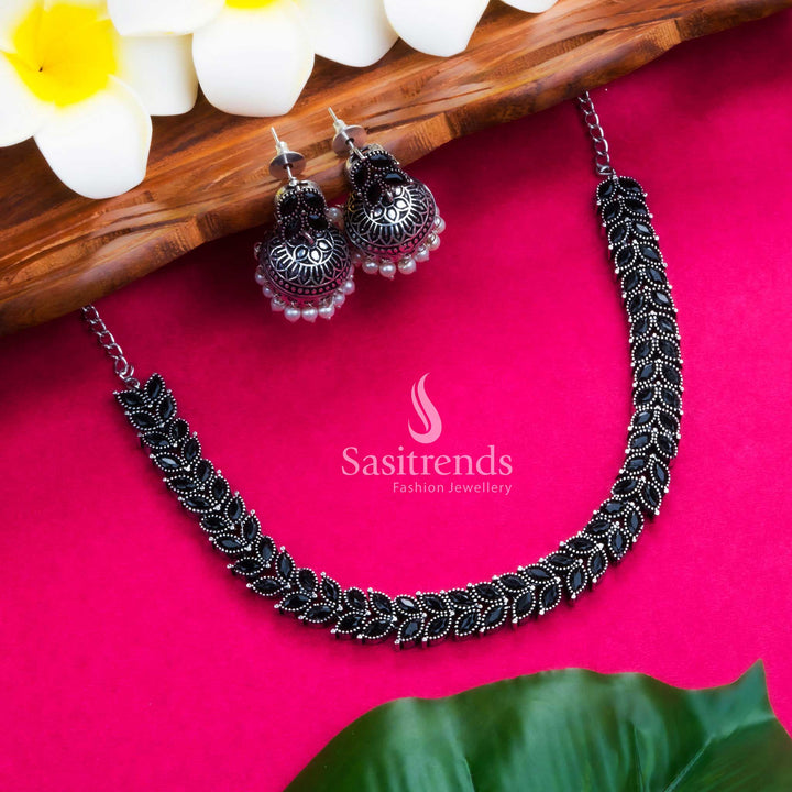 Elegant Oxidised Stones Leaf Motifs Necklace With Black Stones And Matching Earrings – Traditional Party Wear Jewellery Set For Graceful Occasions - Sasitrends