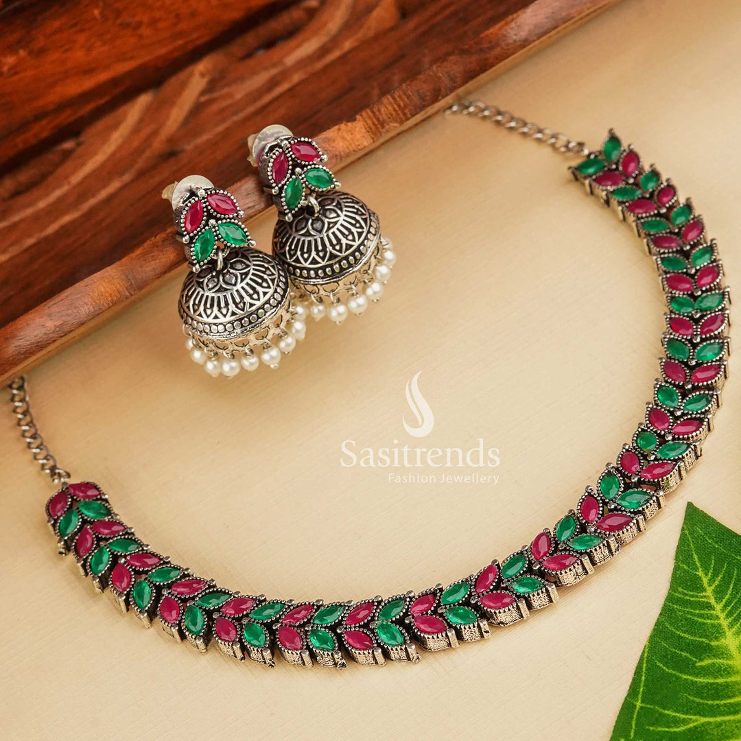 Elegant Oxidised Stones Necklace Jewellery Set with Leaf Motifs Sasitrends