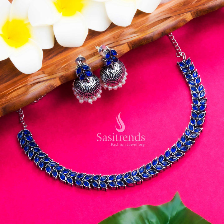 Elegant Oxidised Leaf Design Jewellery Set With Blue Stone Necklace And Earrings – Antique Partywear Jewellery Set For Graceful Occasions - Sasitrends

