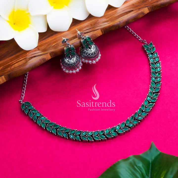Elegant Oxidised Stones Jewellery Set With Leaf Motifs, Green Stone Necklace With Earrings – Classic Ethnic Jewellery Design For Women - Sasitrends