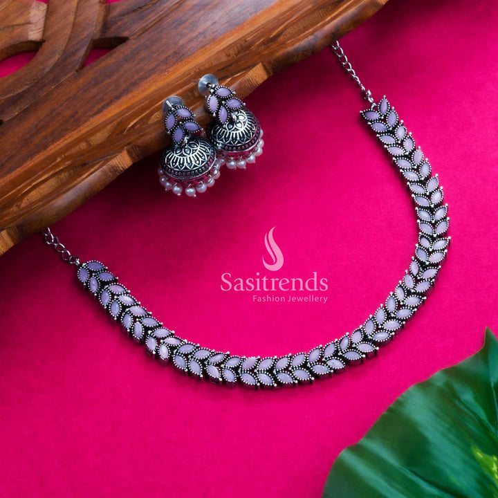 Oxidised Leaf Design Jewellery Set With Pink Stones And Earrings – Traditional Finish Partywear Jewellery For Elegant Styling - Sasitrends