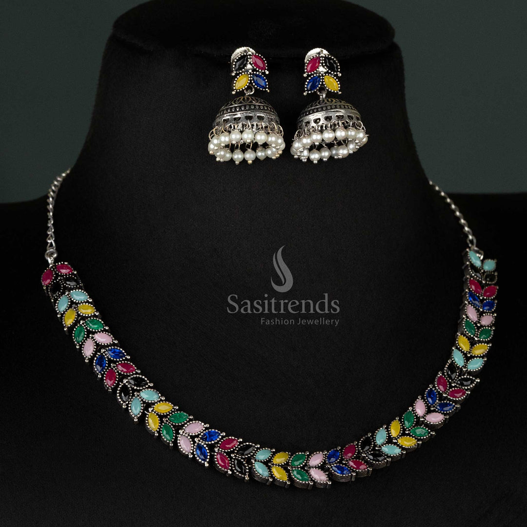 Bright Navarathri Oxidised Yellow Multi-Leaf Necklace Jewelry Set with Matching Earrings – Perfect for Ethnic Wear - sasitrends