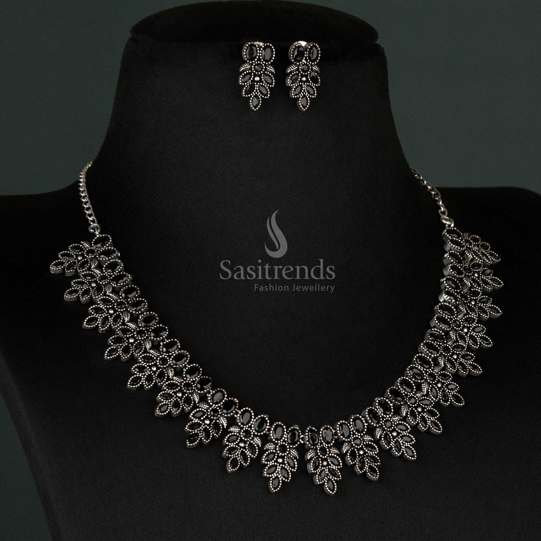 Amazing Navarathri Oxidised Black Flower Necklace Jewelry Set with Matching Earrings – Perfect for Ethnic Wear - sasitrends