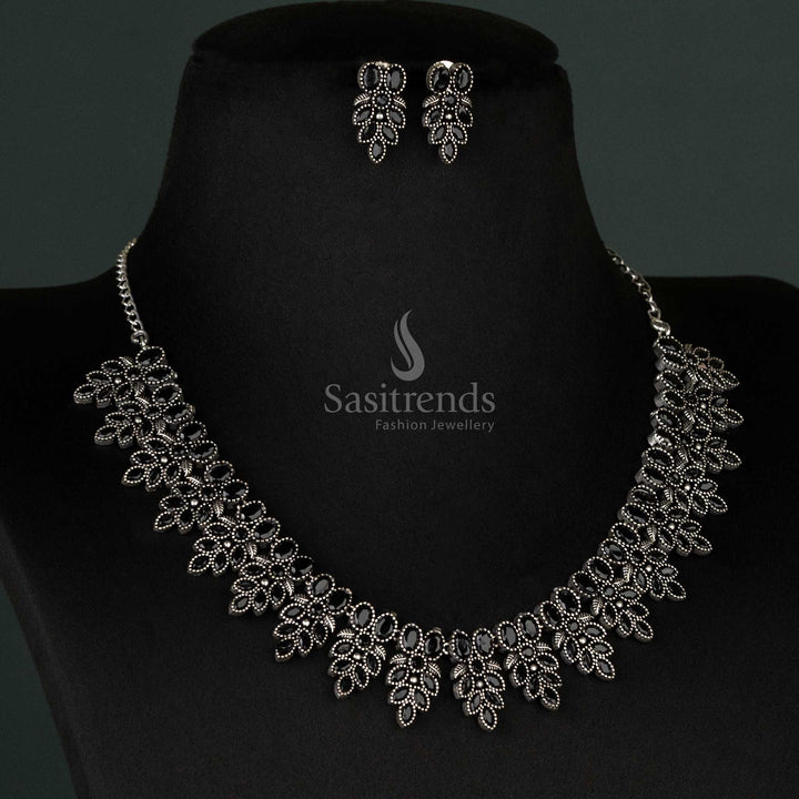 Party Wear Leaf Motif Oxidised German Silver Necklace and Matching Earrings Jewellery Set