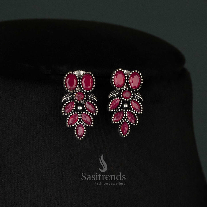 Oxidised Ruby Flower Necklace and Earrings Set – Timeless Jewelry for Navarathri Festivities - sasitrends
