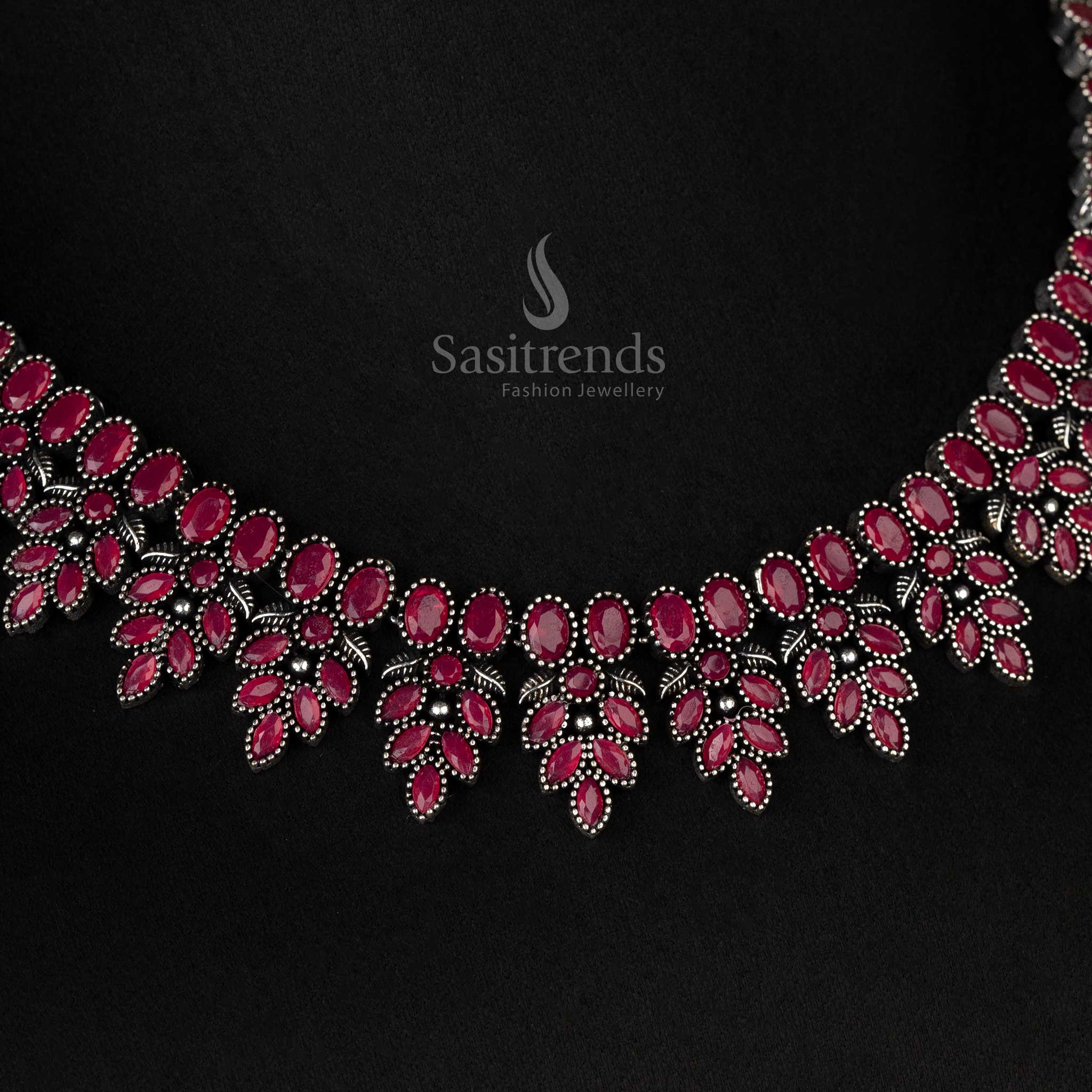 Beautiful Oxidised Ruby Flower Necklace Jewelry Set – Ethnic Navarathri Collection - sasitrends