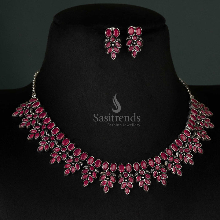 Radiant Navarathri Oxidised Ruby Flower Necklace Jewelry Set with Matching Earrings – Perfect for Traditional Wear - sasitrends