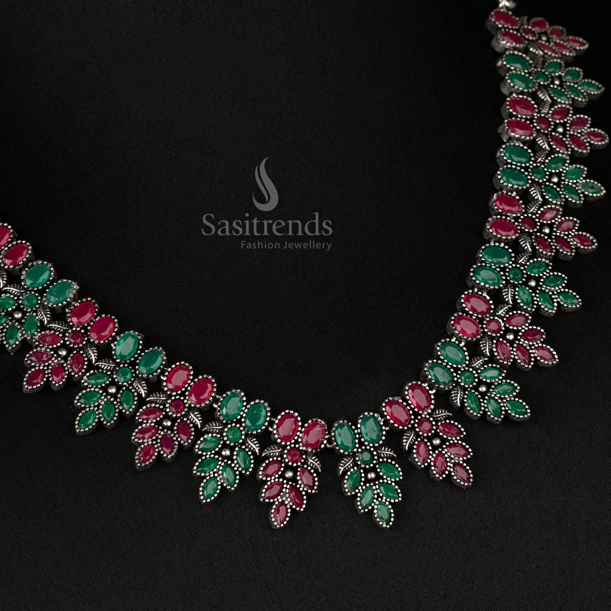 Oxidised Ruby Green Flower Necklace with Earrings – A Perfect Match for Ethnic Navarathri Outfits - sasitrends