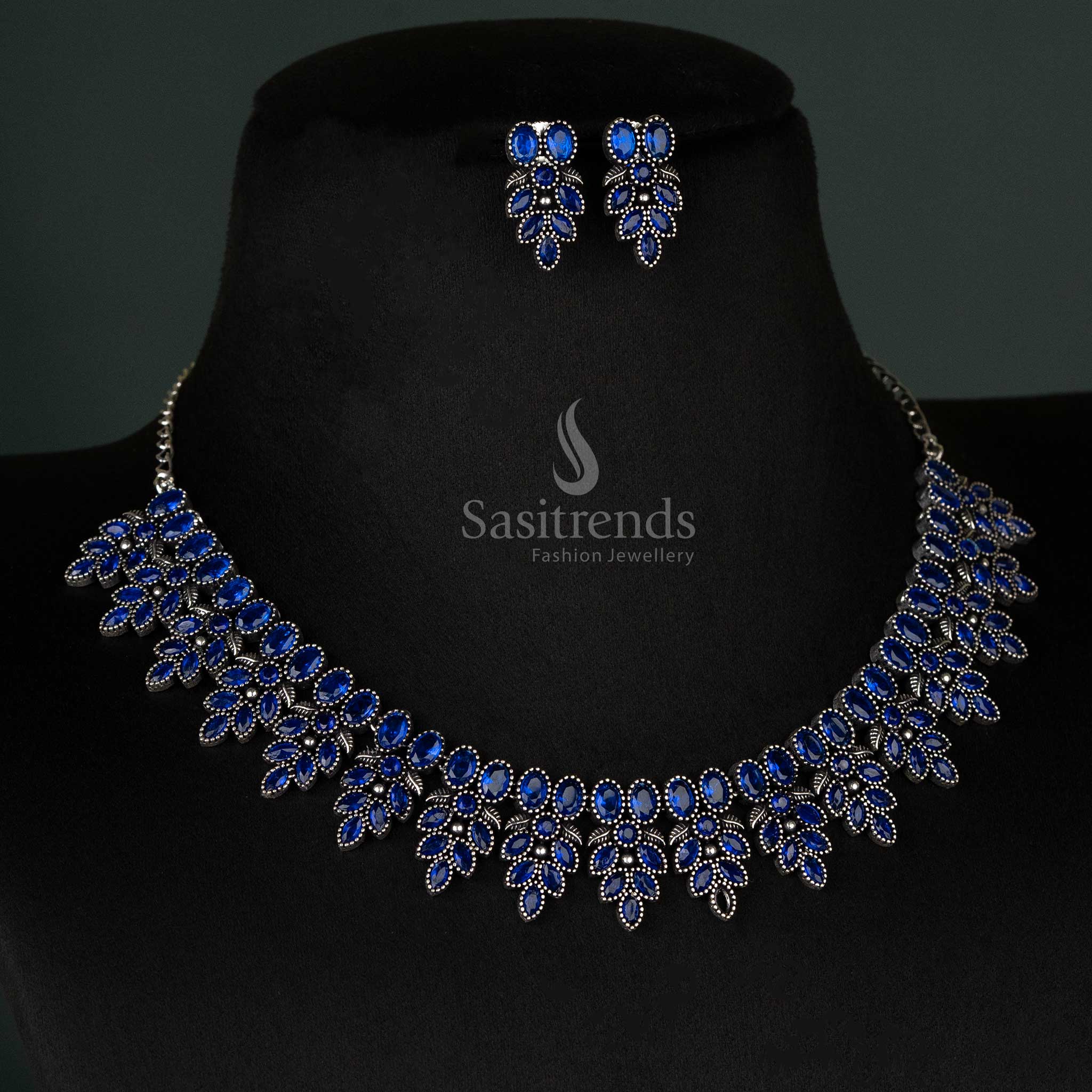 Charming Navarathri Oxidised Blue Flower Necklace Jewelry Set with Matching Earrings – Ideal Ethnic Wear - sasitrends