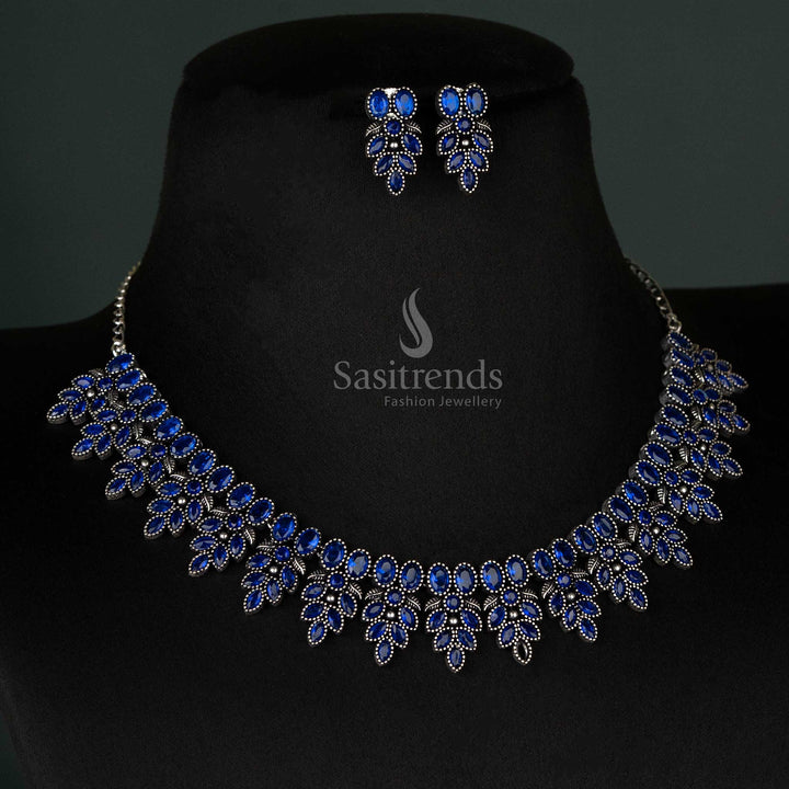 Charming Navarathri Oxidised Blue Flower Necklace Jewelry Set with Matching Earrings – Ideal Ethnic Wear - sasitrends