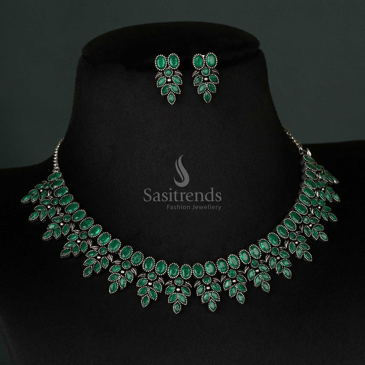 Graceful Navarathri Oxidised Green Flower Necklace Jewelry Set with Matching Earrings – Traditional and Elegant - sasitrends
