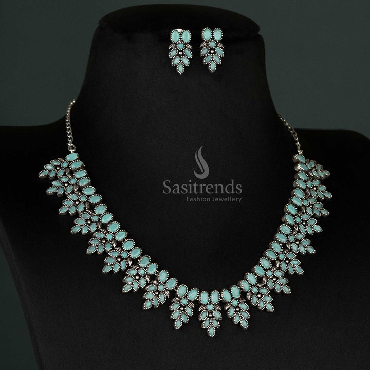 Stylish Oxidised Mint Flower Necklace and Earrings Set – Perfect for Navarathri Celebrations - sasitrends
