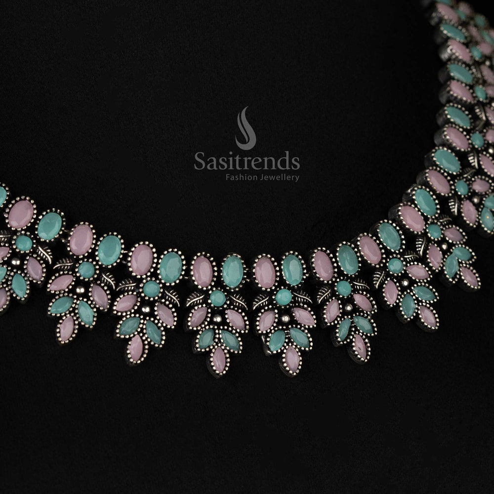 Elegant Navarathri Oxidised Pink Mint Flower Necklace Jewelry Set with Matching Earrings – A Trendy Ethnic Pick - sasitrends
