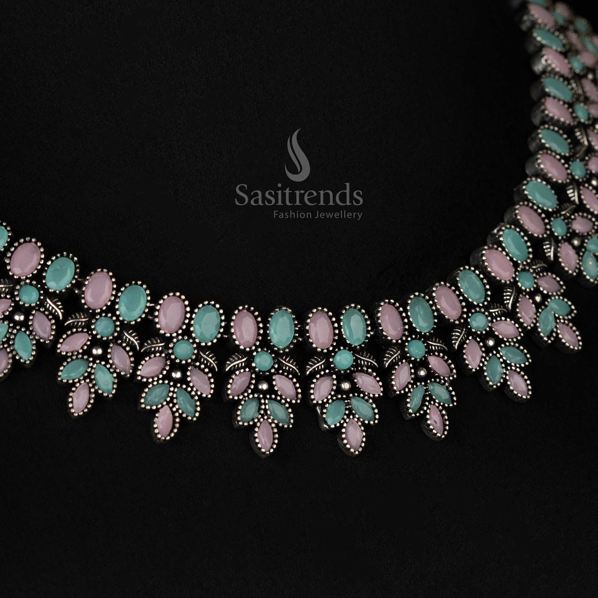 Elegant Navarathri Oxidised Pink Mint Flower Necklace Jewelry Set with Matching Earrings – A Trendy Ethnic Pick - sasitrends
