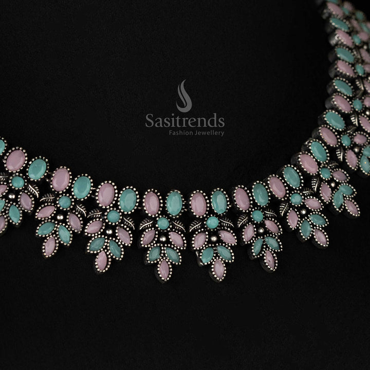Elegant Navarathri Oxidised Pink Mint Flower Necklace Jewelry Set with Matching Earrings – A Trendy Ethnic Pick - sasitrends
