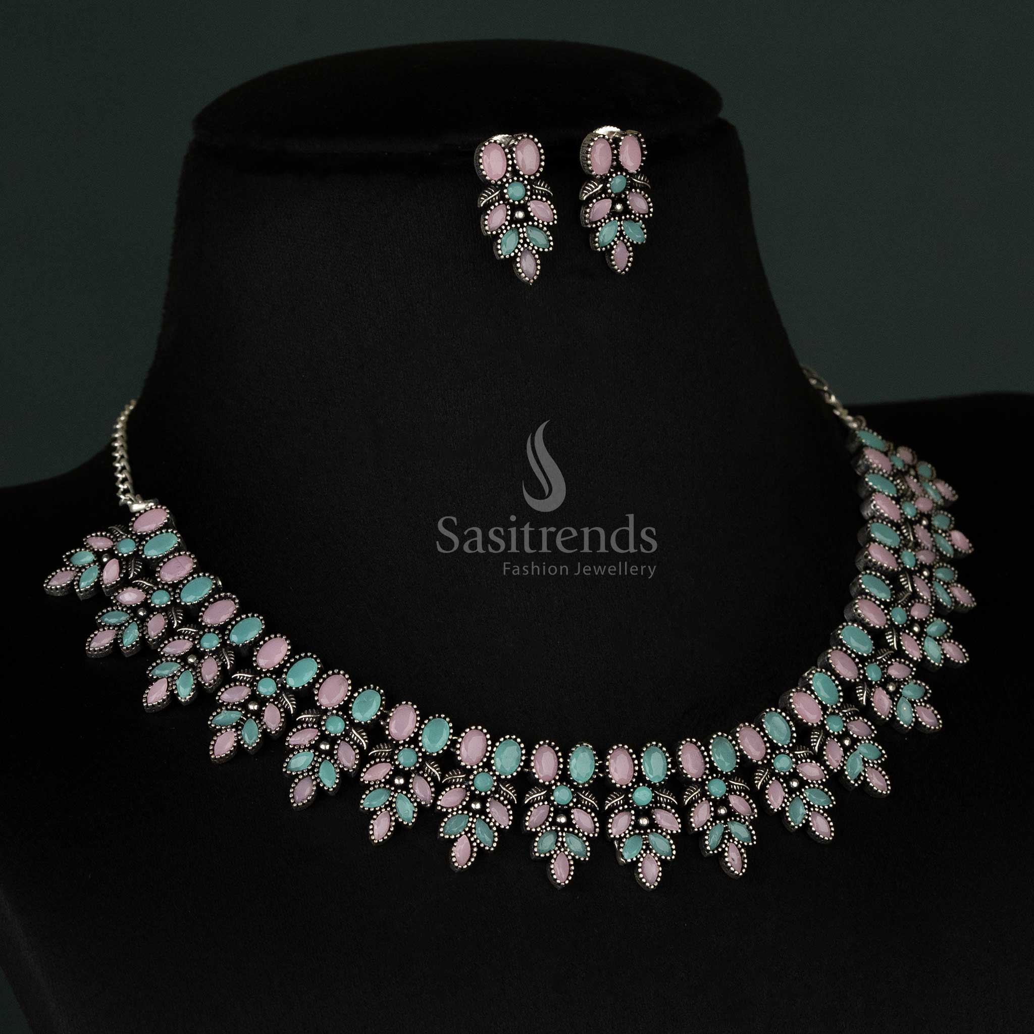 Oxidised Pink Mint Flower Necklace with Earrings – Stunning Jewelry for Navarathri Ethnic Wear - sasitrends