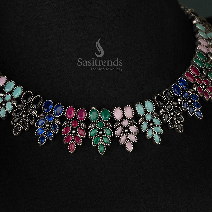Colorful Navarathri Oxidised Multi-Flower Necklace Jewelry Set with Matching Earrings – Unique Ethnic Collection - sasitrends