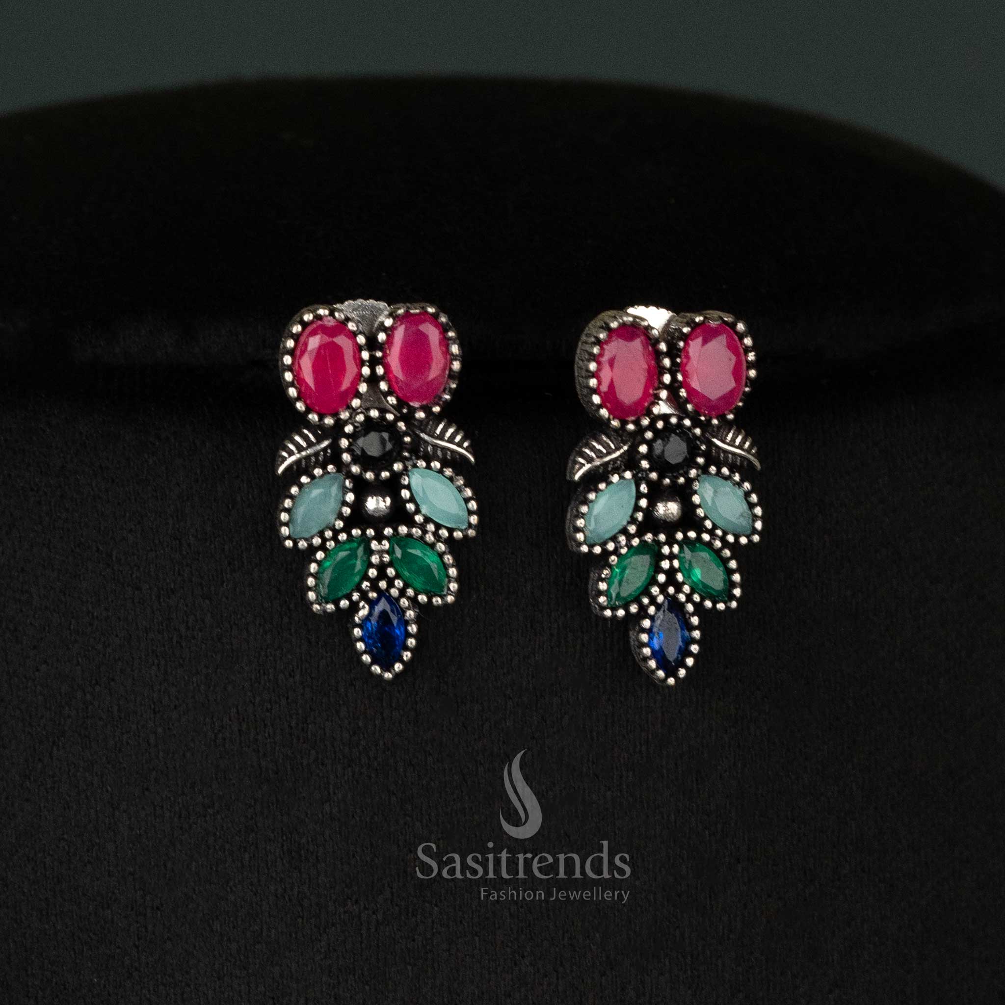 Oxidised Multi-Color Flower Necklace Set for Navarathri – Traditional Jewelry with Earrings - sasitrends

