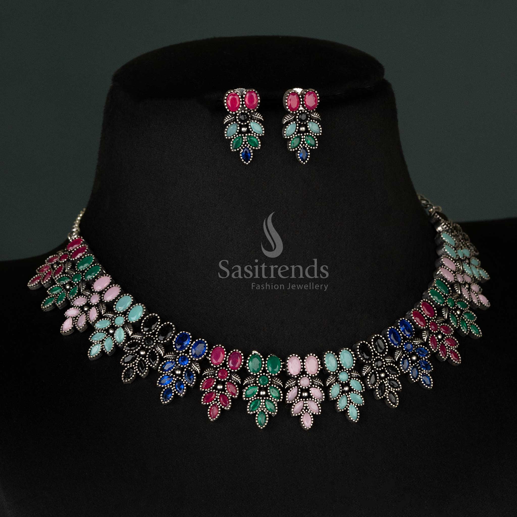 Vibrant Oxidised Multi-Flower Necklace and Earrings Set – Perfect Ethnic Wear for Festive Celebrations - sasitrends