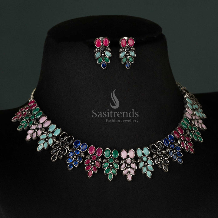 Vibrant Oxidised Multi-Flower Necklace and Earrings Set – Perfect Ethnic Wear for Festive Celebrations - sasitrends