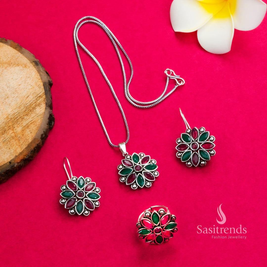 Festive Ruby-Green Oxidised Jewellery Set with Flower Stone Pendant, Ring, and Earrings – Cultural Jewellery Fusion for Celebrations by Sasitrends