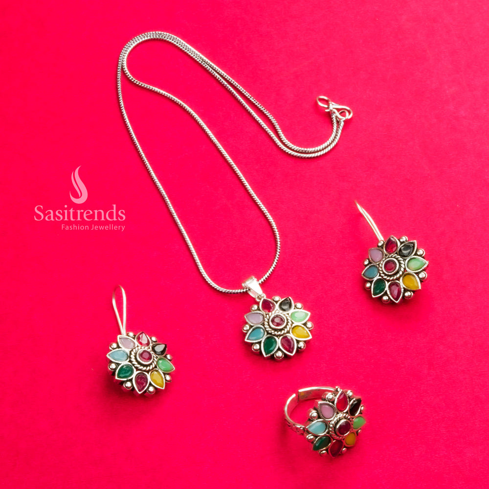 Boho Multicolour Oxidised Necklace with Matching Ring and Earrings – Floral Stones Jewellery Set with Artistic Folk Touch by Sasitrends