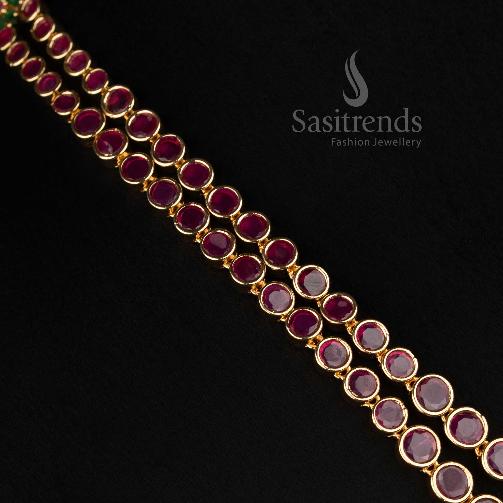Micro Gold Plated two-line necklace with ruby, ruby-green and American Diamond stones – Sasitrends