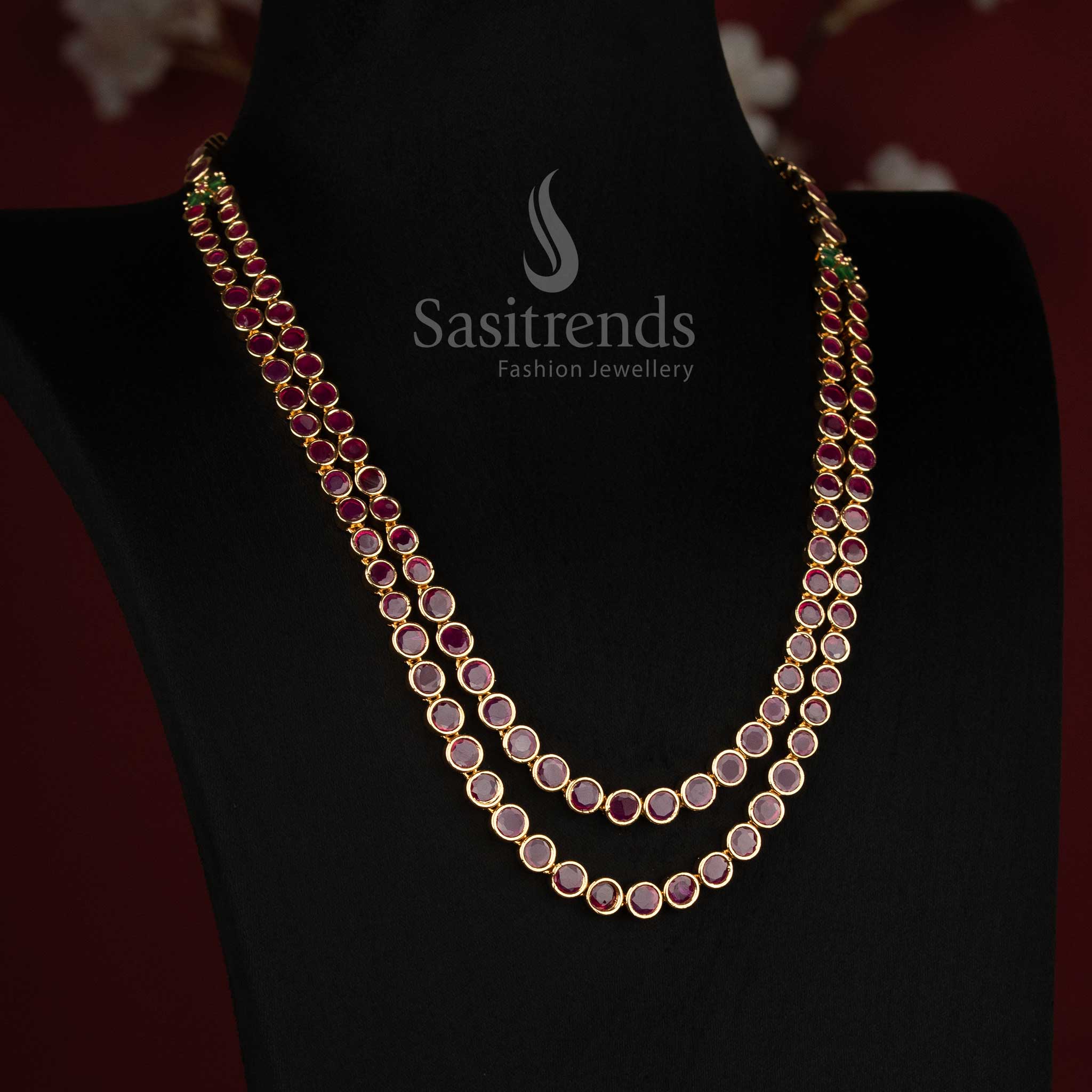 Micro Gold Plated two-line necklace with ruby, ruby-green and American Diamond stones – Sasitrends