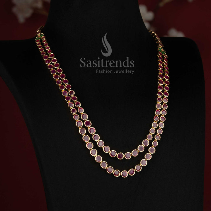 Micro Gold Plated two-line necklace with ruby, ruby-green and American Diamond stones – Sasitrends