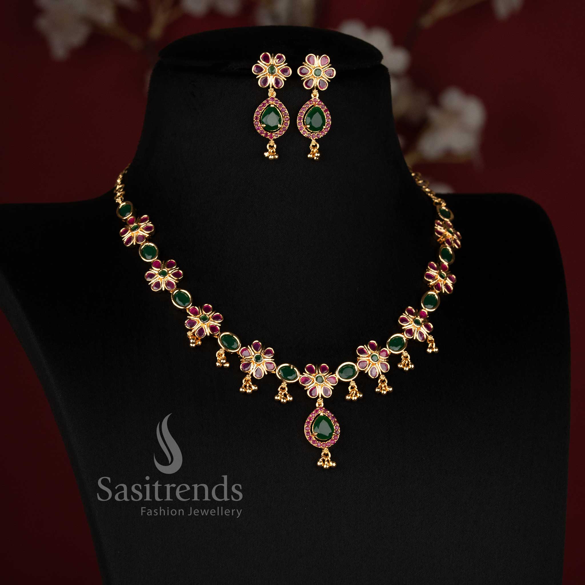 One Gram Micro Gold Plated Floral Cluster AD Stone Necklace Set for Women - Sasitrends