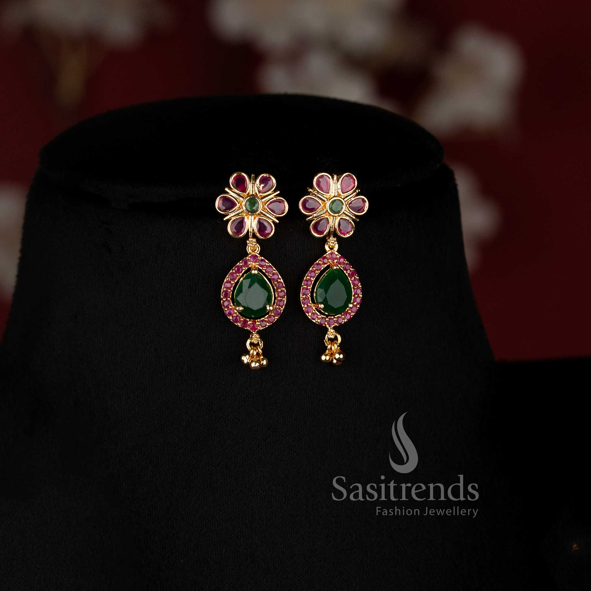 One Gram 24K Micro Gold Plated AD Stone Floral Cluster Drop Necklace Set with Matching Earrings - Sasitrends