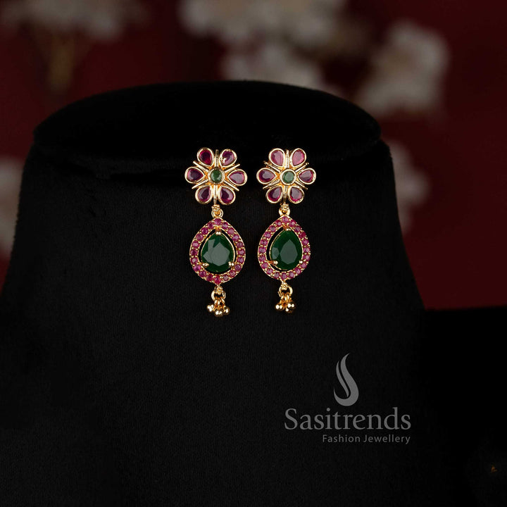 One Gram 24K Micro Gold Plated AD Stone Floral Cluster Drop Necklace Set with Matching Earrings - Sasitrends