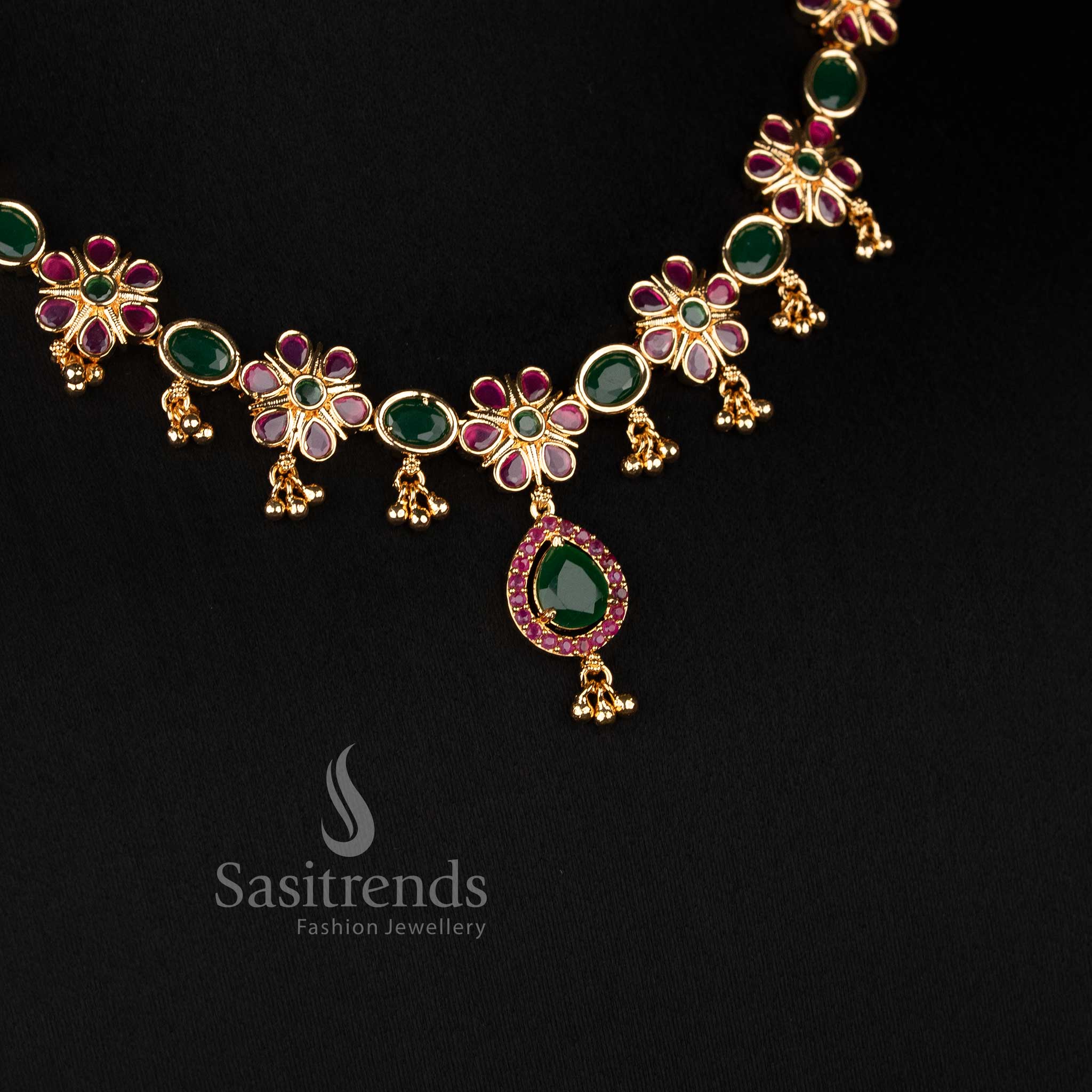 One Gram Micro Gold Plated Floral Cluster AD Stone Necklace Set for Women - Sasitrends
