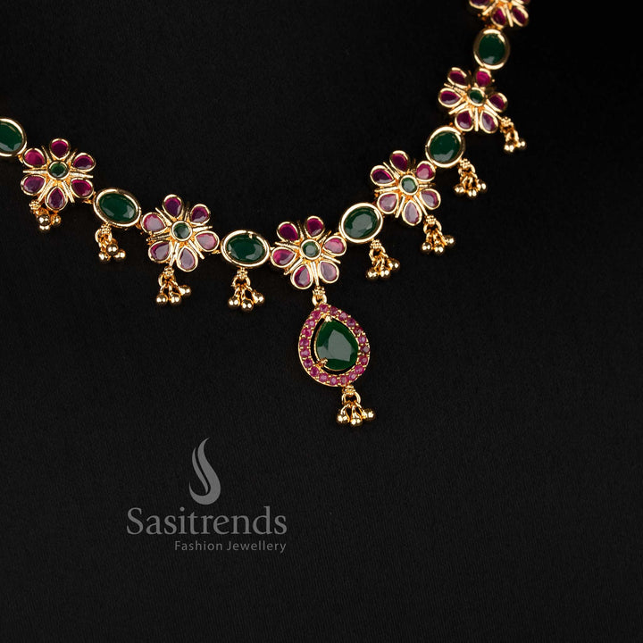 One Gram Micro Gold Plated Floral Cluster AD Stone Necklace Set for Women - Sasitrends