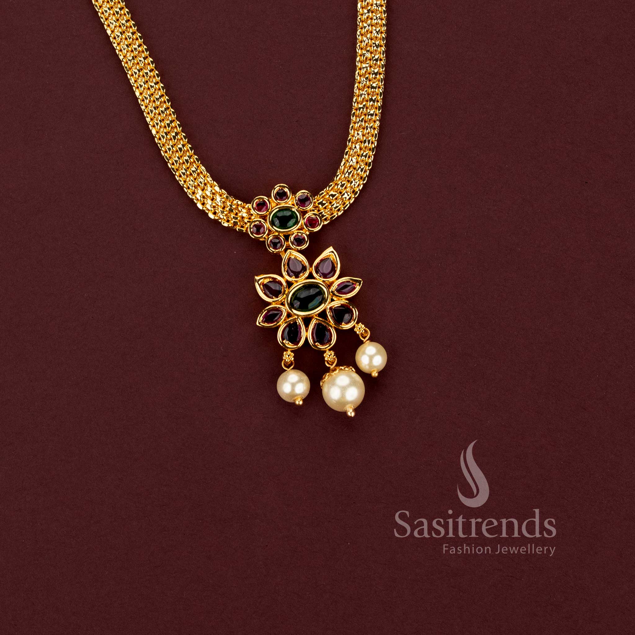Floral AD Kemp Stone Pendant with Pearl Drops and Flexible Mesh Chain - Sasitrends
