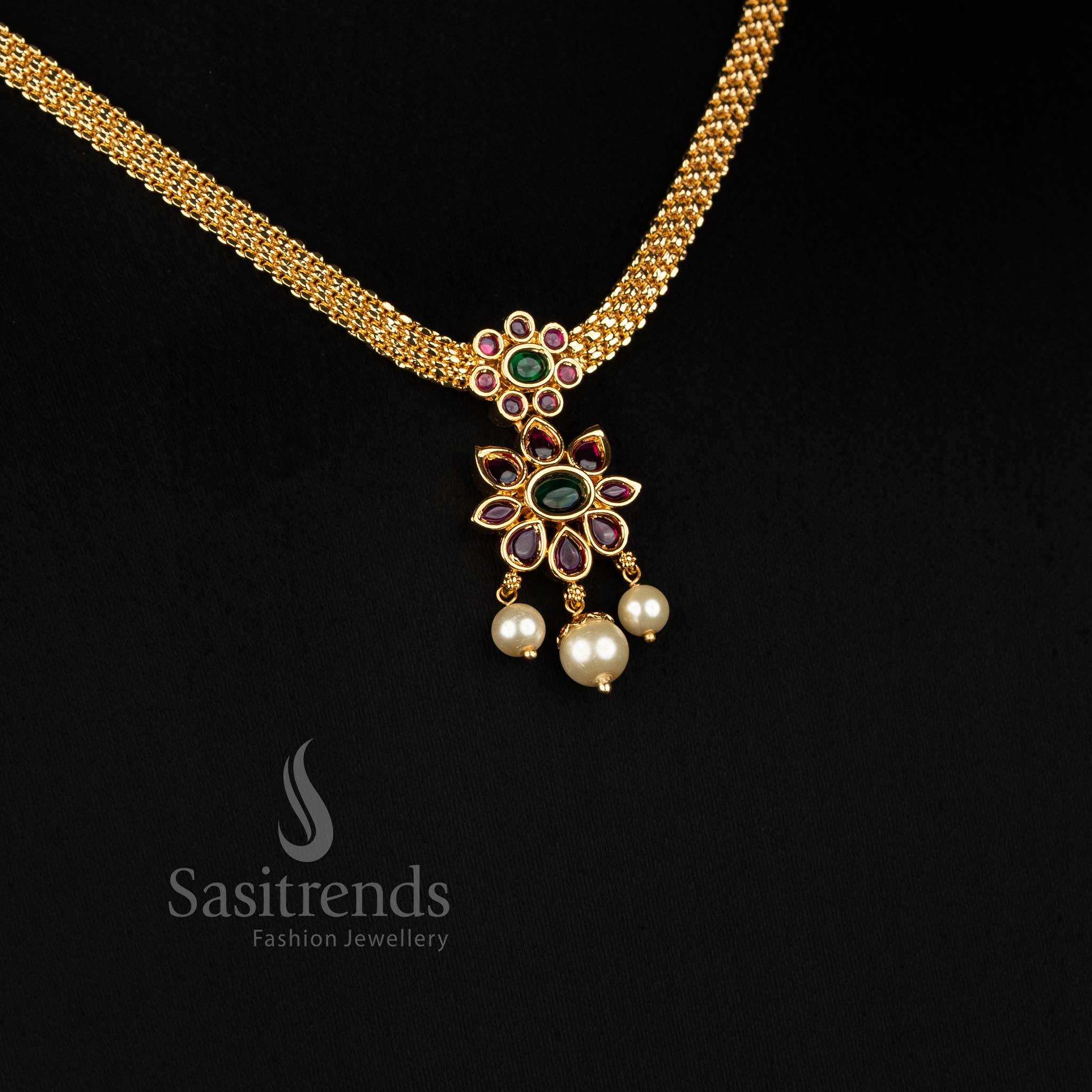 Traditional Micro Gold Plated Floral AD Kemp Stone Pearl Pendant Necklace for Women - Sasitrends