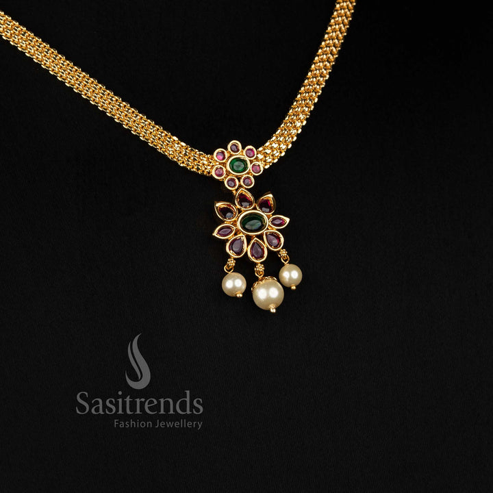 Traditional Micro Gold Plated Floral AD Kemp Stone Pearl Pendant Necklace for Women - Sasitrends