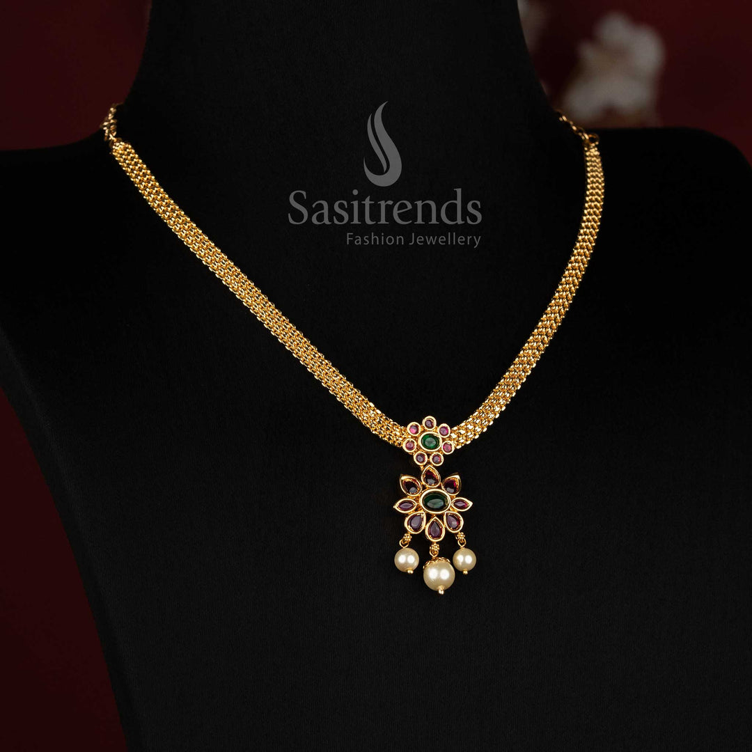 Traditional Micro Gold Plated Floral AD Kemp Stone Pearl Pendant Necklace for Women - Sasitrends