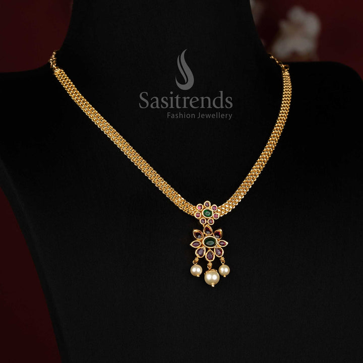 Royal Floral Micro Gold Plated Flexible Mesh Chain AD Kemp Stone Pearl Pendant Necklace - Sasitrends