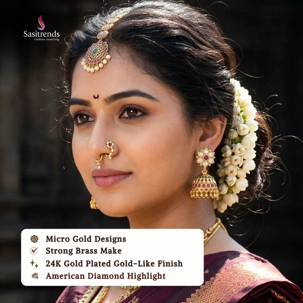 Beautiful collection of micro gold plated earrings worn by a model, featuring an elegant gold finish that complements traditional, festive, wedding, and party wear styles from Sasitrends.