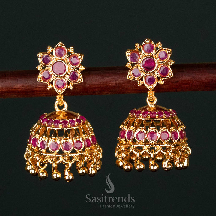 Handcrafted Micro Gold Polished Floral Jhumkis with Ruby AD Stones – A Grand and Elegant Wedding Jewelry Choice - Sasitrends