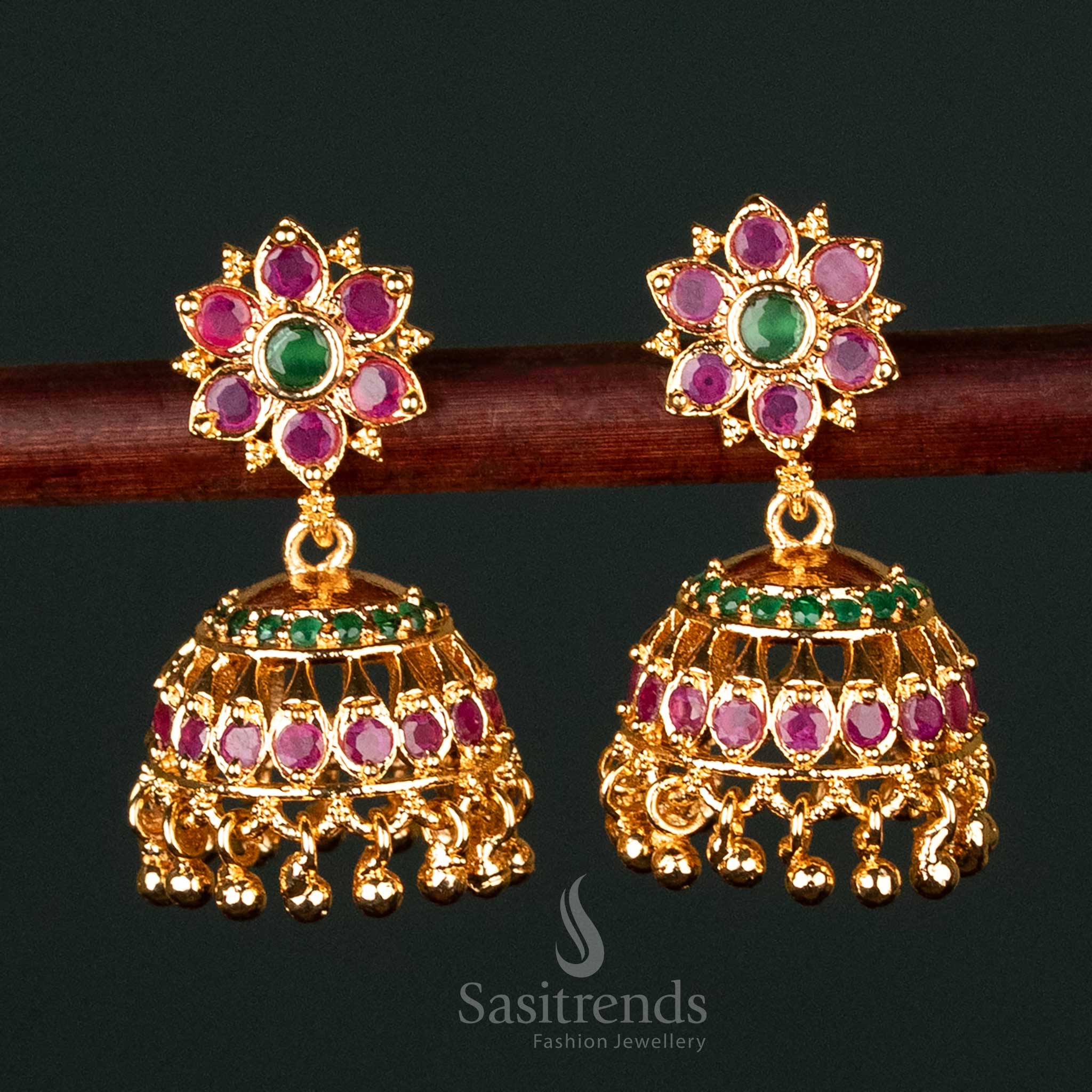 Micro Gold Plated AD Stone Studded Floral Jhumka Earrings with Ruby-Green Stones – A Heritage Festive Design for Ethnic Wear - Sasitrends