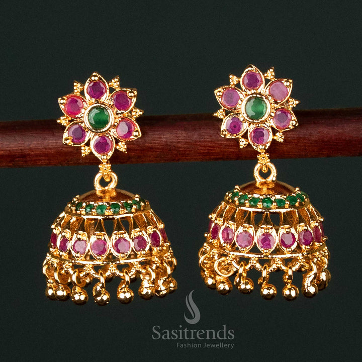 Micro Gold Plated AD Stone Studded Floral Jhumka Earrings with Ruby-Green Stones – A Heritage Festive Design for Ethnic Wear - Sasitrends