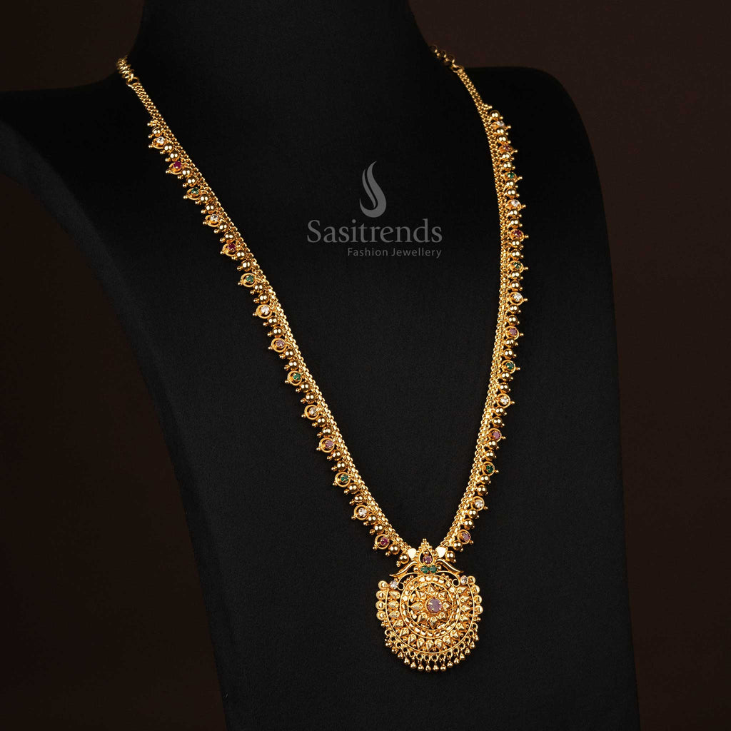 Regal Micro Gold Plated Long Necklace with Multi Stone Pendant