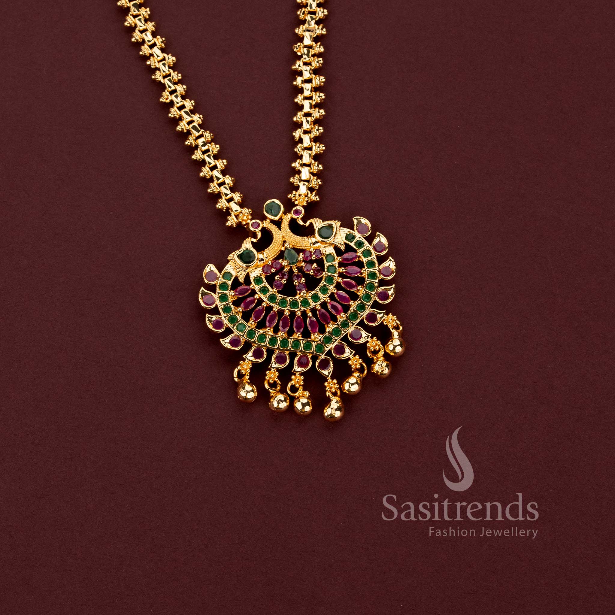 One Gram Micro Gold Plated Peacock AD Stone Pendant Necklace for Women - Sasitrends