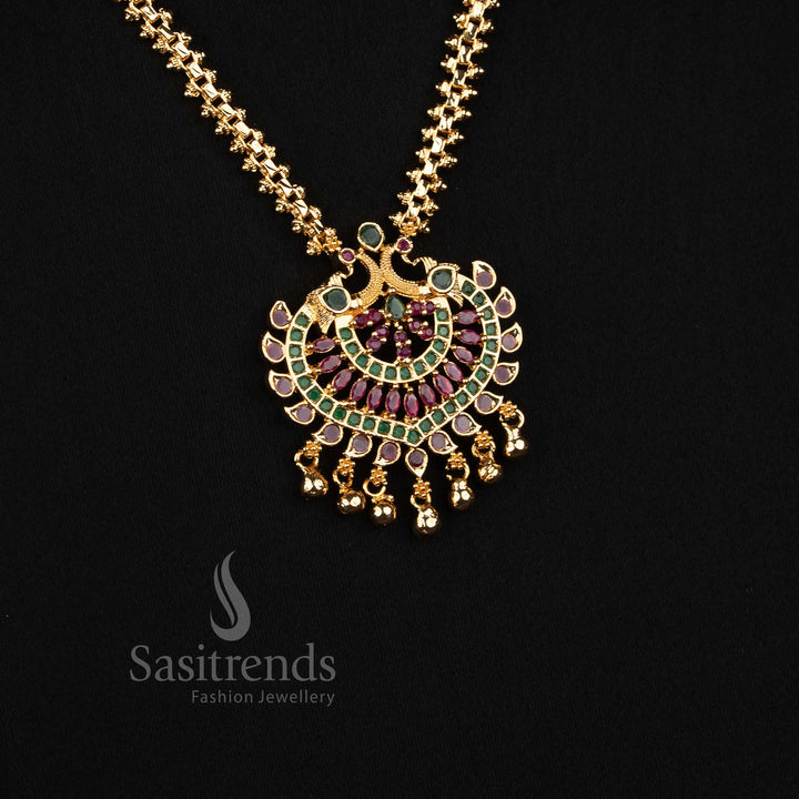 One Gram 24K Micro Gold Plated AD Stone Peacock Drop 2-Side Gajiri Chain Necklace – Guaranteed Quality - Sasitrends