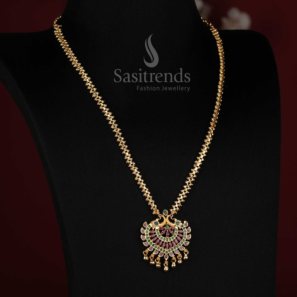 One Gram 24K Micro Gold Plated AD Stone Peacock Drop Gajiri Chain Necklace - Sasitrends