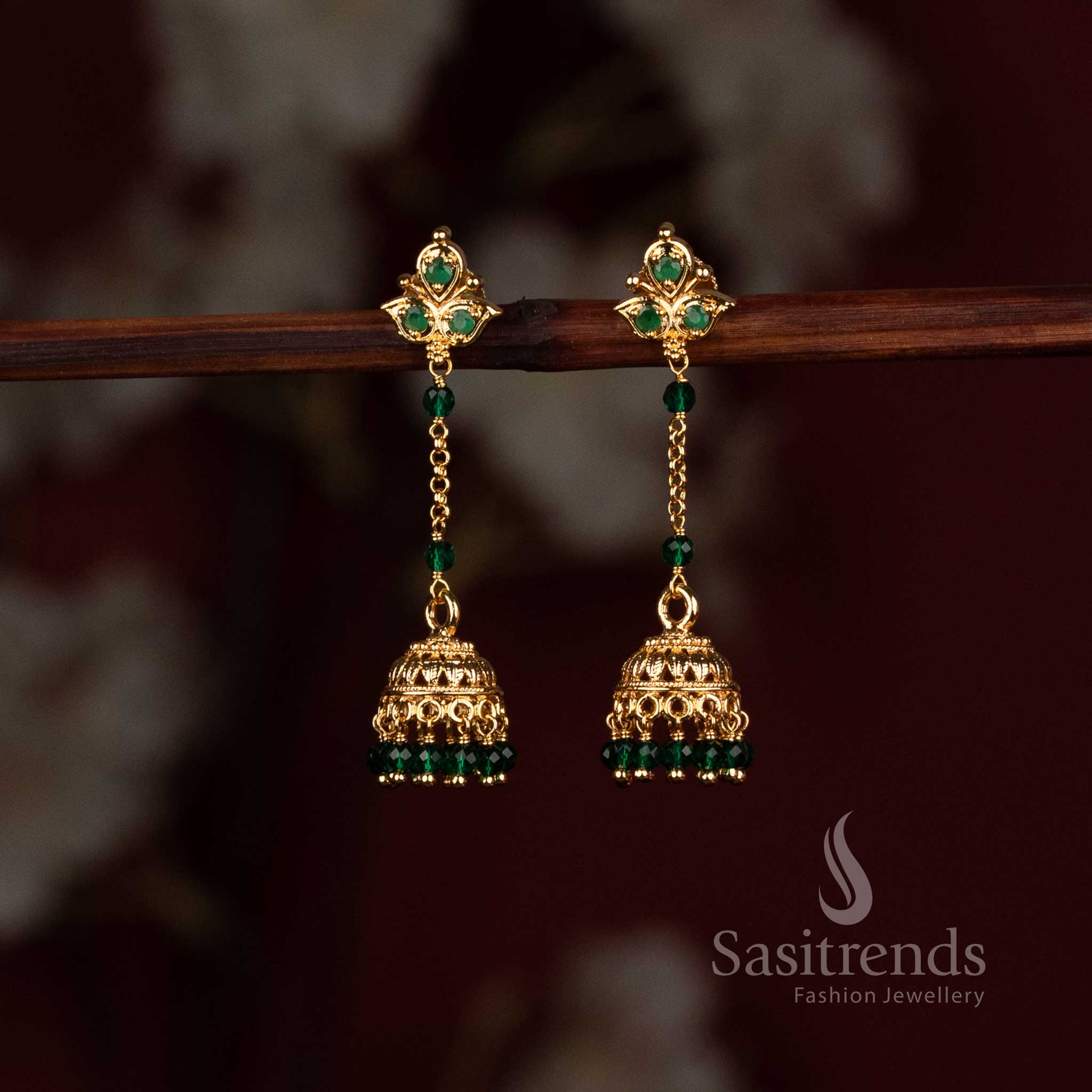 Micro Gold Plated AD Stone Jhumka Earrings with Decorative Bead Hangings - Sasitrends