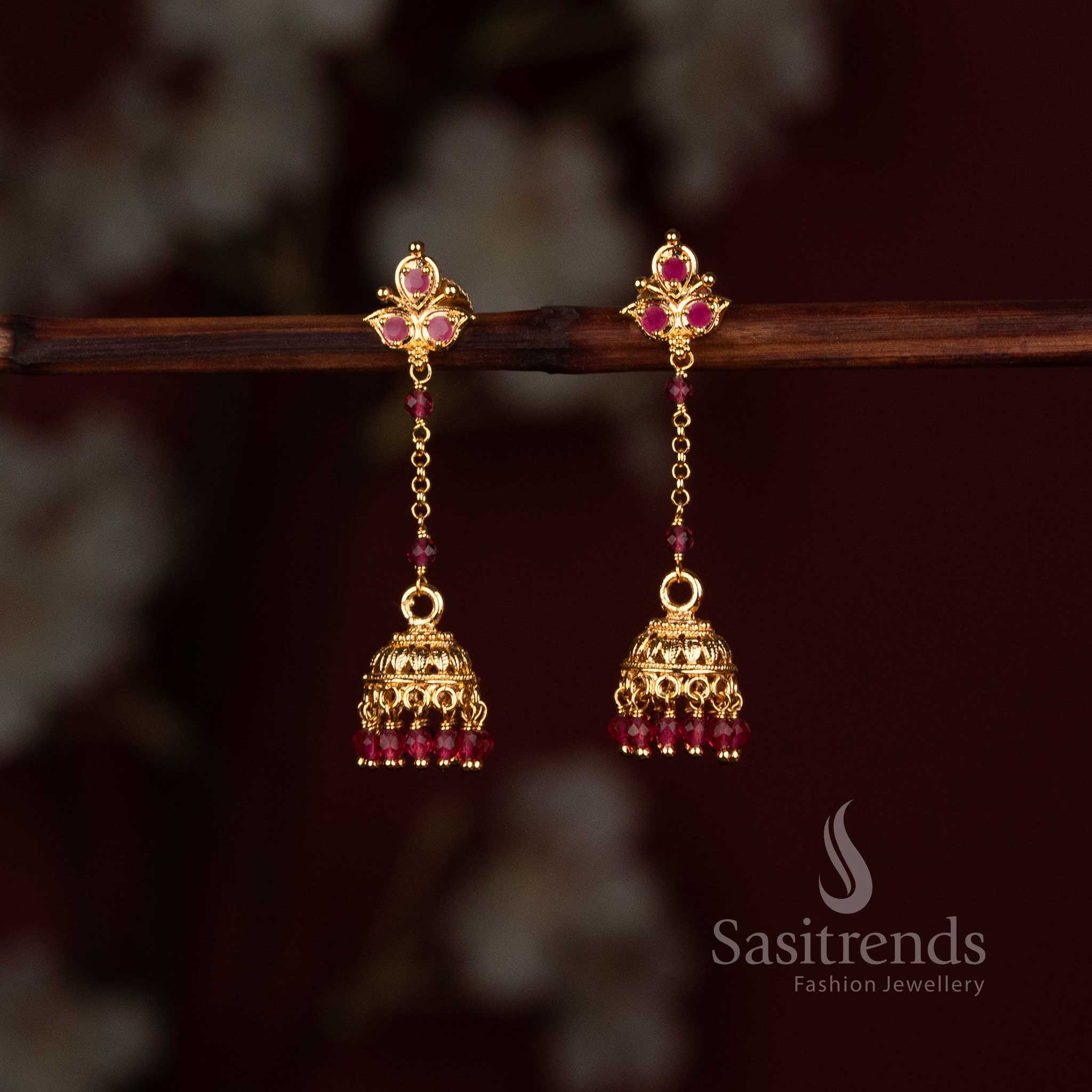 Micro Gold Plated AD Stone Jhumka Earrings with chain Bead Hangings - Sasitrends