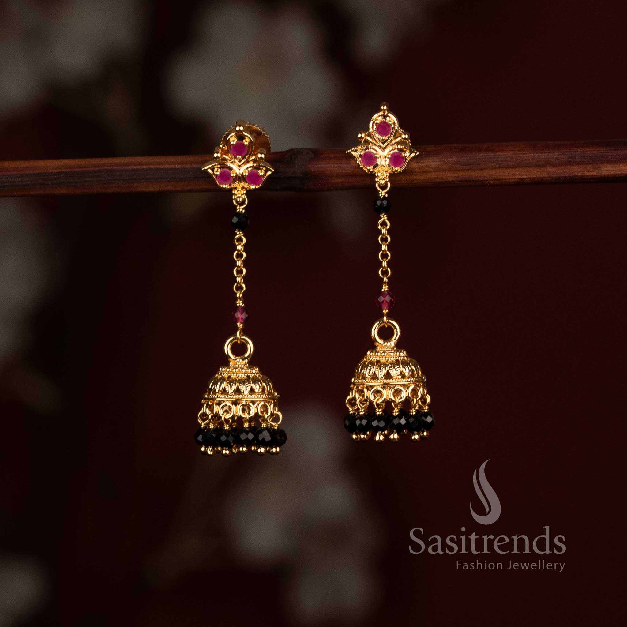 Micro Gold Plated AD Stone Jhumka Earrings with Decorative Bead Hangings - Sasitrends